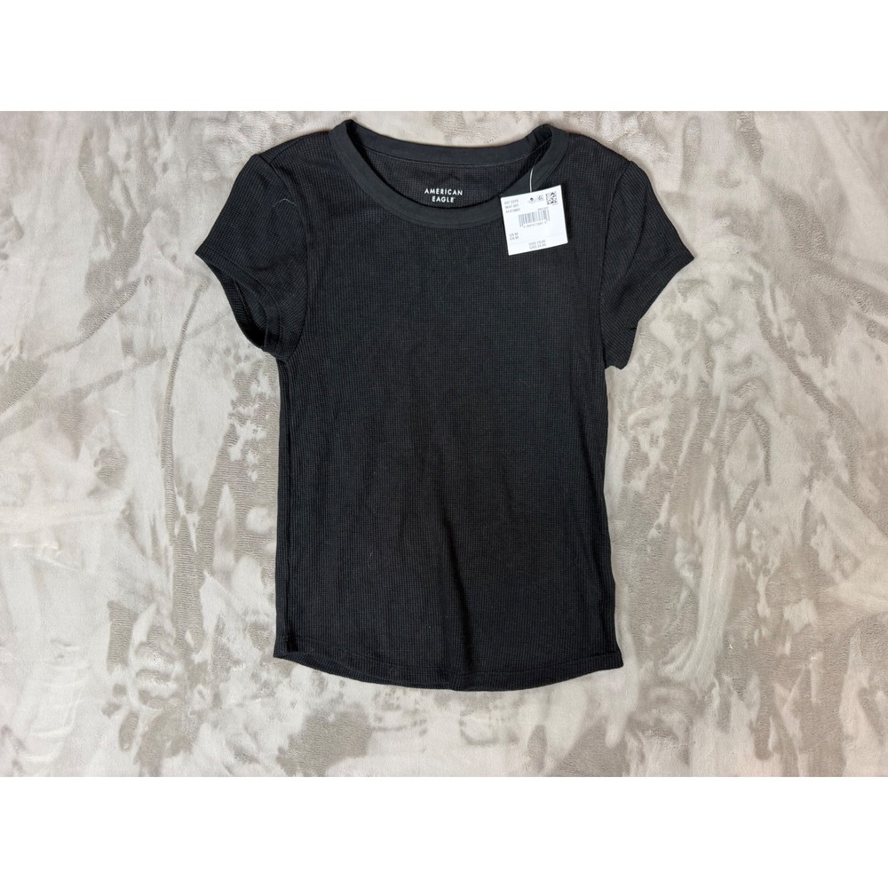 American Eagle Waffle Knit T-Shirt Black Short Sleeve Thermal Crew Neck Medium